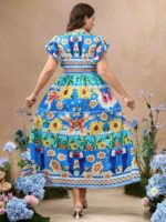 Rochie Lunga Tolva Bleu cu Print Multicolor  - Marimi Mari - imagine 2