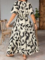 Rochie Lunga Valder Bej cu Frunze Negre - Marimi Mari - imagine 2