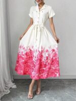 Rochie Midi Venla Alba cu Flori Roz
