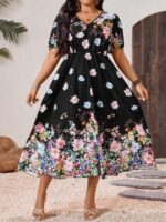 Rochie Midi Viola Neagra cu Print Floral Multicolor - Marimi Mari