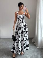 Rochie Lunga Yoselin Alba cu Print floral Negru