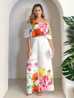 Compleu Zanaida Alb cu Print Floral format din Top si Pantalon