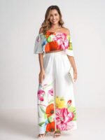 Compleu Zanaida Alb cu Print Floral format din Top si Pantalon - imagine 2