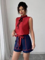 Compleu Huisy format din Top Rosu si Pantalon Bleumarin