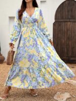 Rochie Lunga Jyoty Lila cu Print Floral Galben