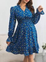 Rochie Scurta Ruzica de Maternitate Albastra cu Print Floral Galben - imagine 2