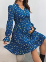 Rochie Scurta Ruzica de Maternitate Albastra cu Print Floral Galben