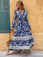 Rochie Lunga Natalya Albastra cu Print Alb