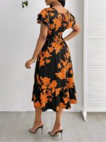 Rochie Midi Aniela Neagra cu Print Portocaliu - imagine 2