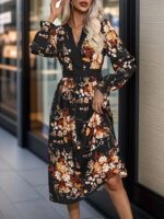 Rochie Midi Adelaid Neagra cu Print Floral Maro - imagine 3