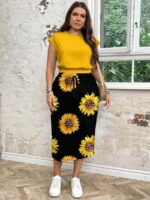 Compleu Ambya format din Top Galben si Fusta Midi Negra cu Floarea Soarelui   - Marimi Mari