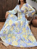 Rochie Lunga Jyoty Lila cu Print Floral Galben - imagine 3