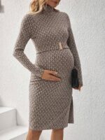 Rochie Scurta Troya de Maternitate Bej Cu Imprimeu Geometric Negru Si Curea