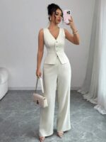 Compleu Thalena Crem format din Vesta si Pantalon
