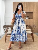 Rochie Midi Lucia Alba cu Print Albastru - Marimi Mari