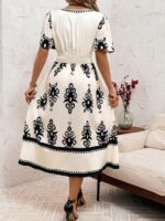 Rochie Midi Phelina Crem cu Print Negru - imagine 2
