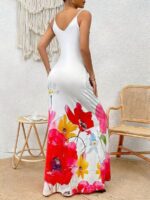 Rochie Lunga Corra Alba cu Print Floral Rosu - imagine 2