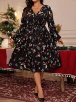 Rochie Midi Adelais Neagra cu Print de Craciun - Marimi Mari