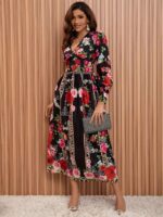Rochie Midi Tecla Neagra cu Print Floral Rosu - imagine 3