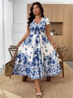 Rochie Midi Lucia Alba cu Print Albastru - Marimi Mari - imagine 3