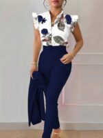 Compleu Shima format din Camasa Alba cu Print Floral si Pantalon Bleumarin