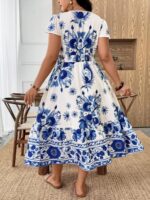 Rochie Midi Lucia Alba cu Print Albastru - Marimi Mari - imagine 2