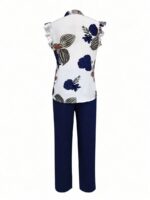 Compleu Shima format din Camasa Alba cu Print Floral si Pantalon Bleumarin - imagine 2