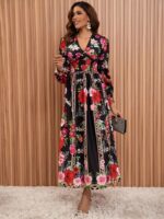 Rochie Midi Tecla Neagra cu Print Floral Rosu