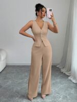 Compleu Bernice Bej format din Vesta si Pantalon - imagine 3