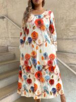 Rochie Lunga Alora Crem cu Print Floral Multicolor - Marimi Mari