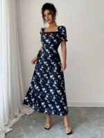 Rochie Lunga Wanda Bleumarin cu Fluturi Albi