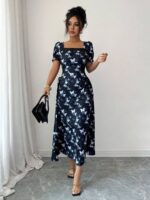 Rochie Lunga Wanda Bleumarin cu Fluturi Albi - imagine 3