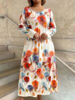 Rochie Lunga Alora Crem cu Print Floral Multicolor - Marimi Mari - imagine 3