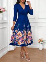 Rochie Midi Grita Albastra cu Print Floral - imagine 3