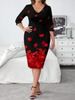 Rochie Scurta Inca Neagra cu Print Floral Rosu - Marimi Mari - imagine 3