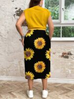 Compleu Ambya format din Top Galben si Fusta Midi Negra cu Floarea Soarelui   - Marimi Mari - imagine 2