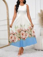 Compleu Gooffy format din Rochie Lunga Alba cu Print Floral Roz si Bolerou Bleu - imagine 3
