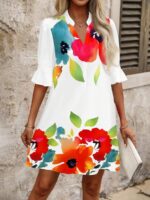 Rochie Scurta Azra Alba cu Print Floral Rosu