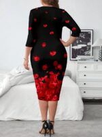Rochie Scurta Inca Neagra cu Print Floral Rosu - Marimi Mari - imagine 2