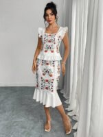 Compleu cu Fusta Midi Faida Alb cu Print Floral