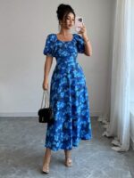 Rochie Lunga Thilda Albastra cu Print Floral - imagine 3