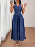 Compleu Zafirah Albastru cu Fusta Midi - imagine 3