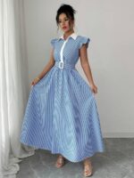 Rochie Lunga Emma Alba cu Dungi Albastre - imagine 3