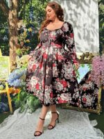 Rochie Midi Manais Neagra cu print Floral - Marimi Mari