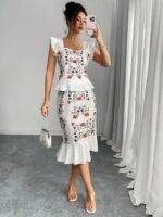 Compleu cu Fusta Midi Faida Alb cu Print Floral - imagine 3