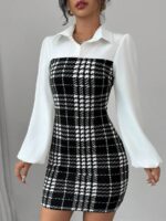 Rochie Scurta Ranesia Neagra cu Patratele si Maneci Albe - imagine 3