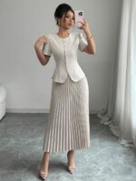 Compleu cu Fusta Midi Plisata Fionna Bej - imagine 3