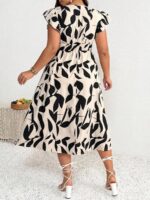 Rochie Midi Bertha Crem cu Print Negru - Marimi Mari - imagine 2