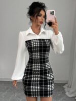Rochie Scurta Ranesia Neagra cu Patratele si Maneci Albe