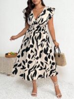 Rochie Midi Bertha Crem cu Print Negru - Marimi Mari